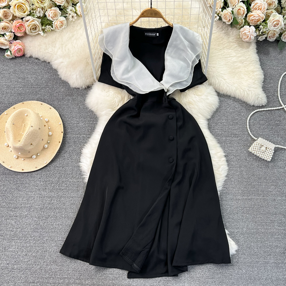 Summer French Gentle Style Dress Double Layer Ruffled V-Neck Lace up Waist Slim Single breasted Split A-line Dress