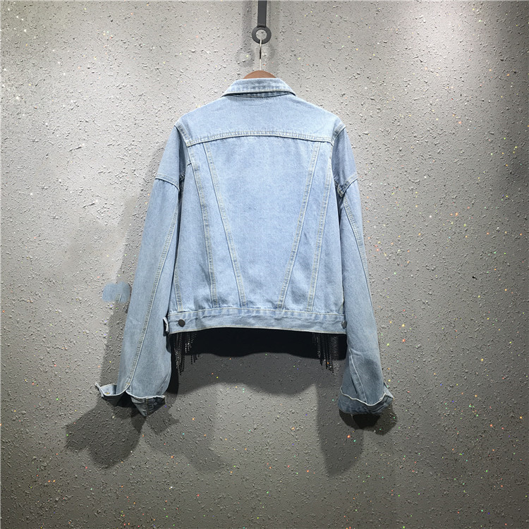 Women's Jackets Spring Summer New Denim Outerwear Loose Diamond Chain Tassel Streetwear Turn-Down Collar Jacket Women 230505