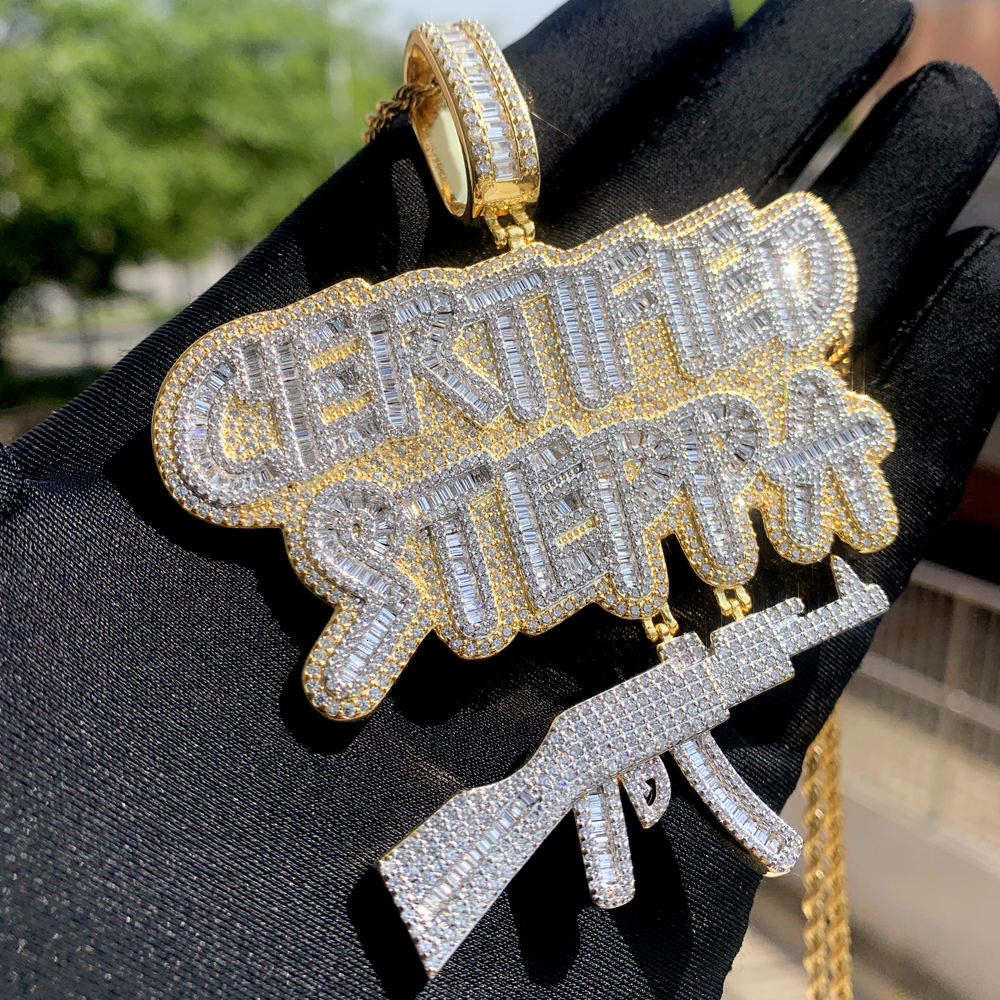 Pendant Necklaces Iced Out Bling Rectangle CZ Letter Certified Steppa Pendant Necklace Cubic Zirconia AK47 Gun Charm Men Fashion Hip Hop Jewelry 23050