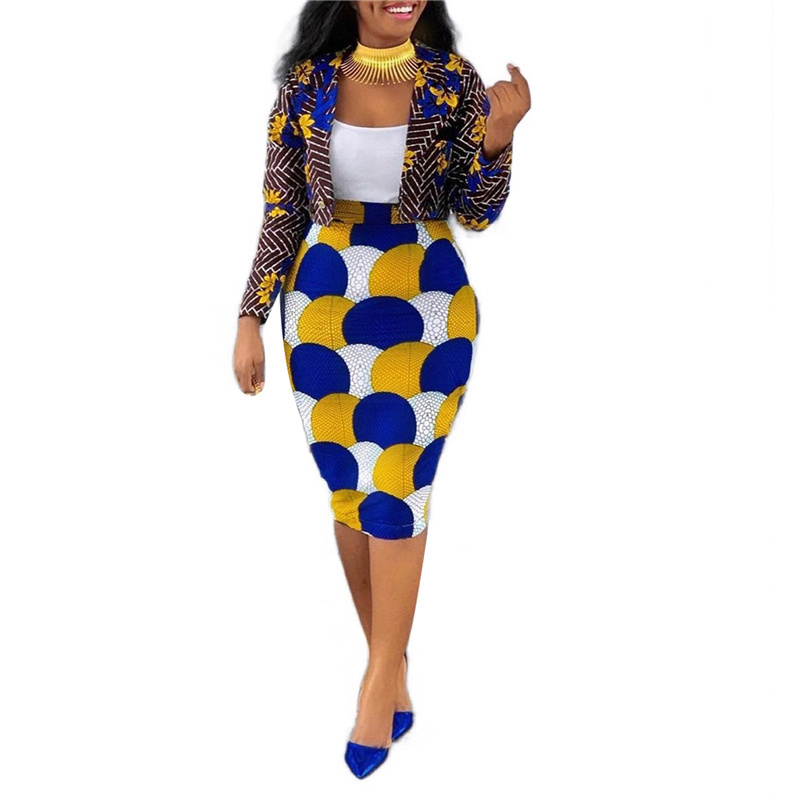 Two Piece Dress 2Pc Fashion and Elegance Outfits Multicolor Print Lapel Long Sleeves Suit Jacket High Waist Knee Dress for Ladies 230504