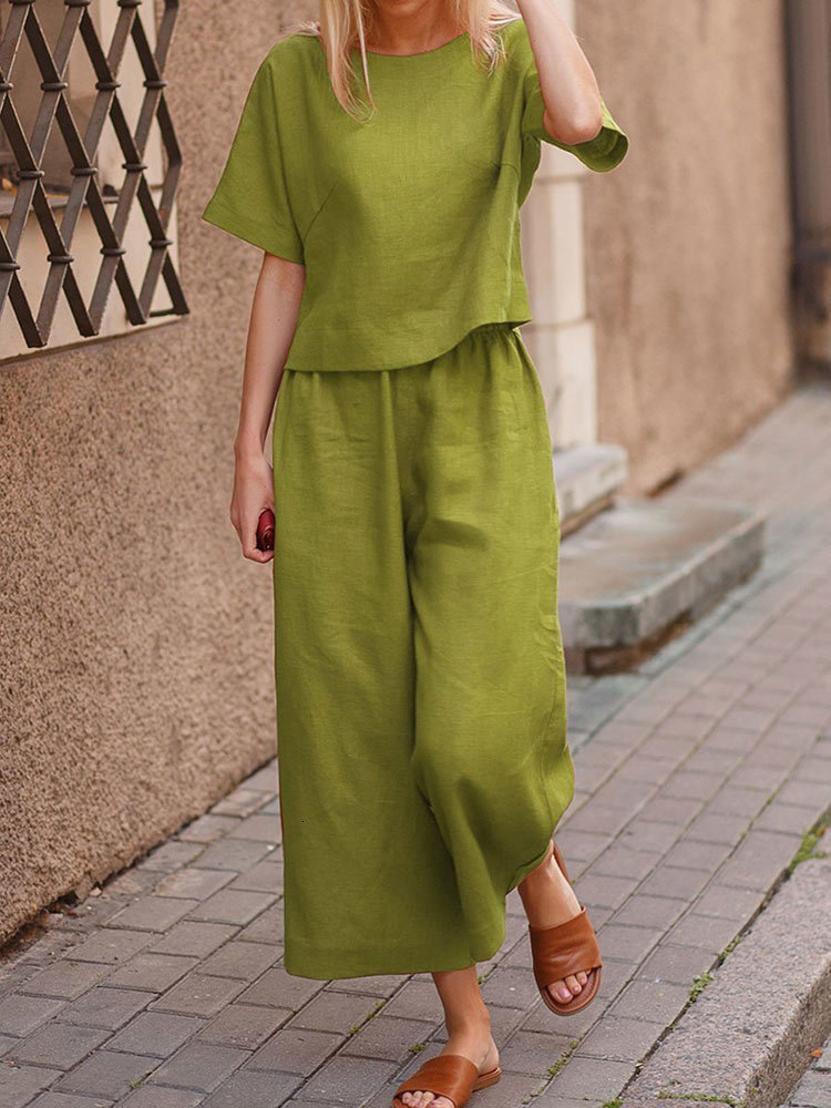Tracksuits Two Women's Summer Piece Sets Womens Outfits Casual Linen Cotton O-Neck Tops Straight Loose Pants Fashion Solid 2 Piece Sets Streetwea