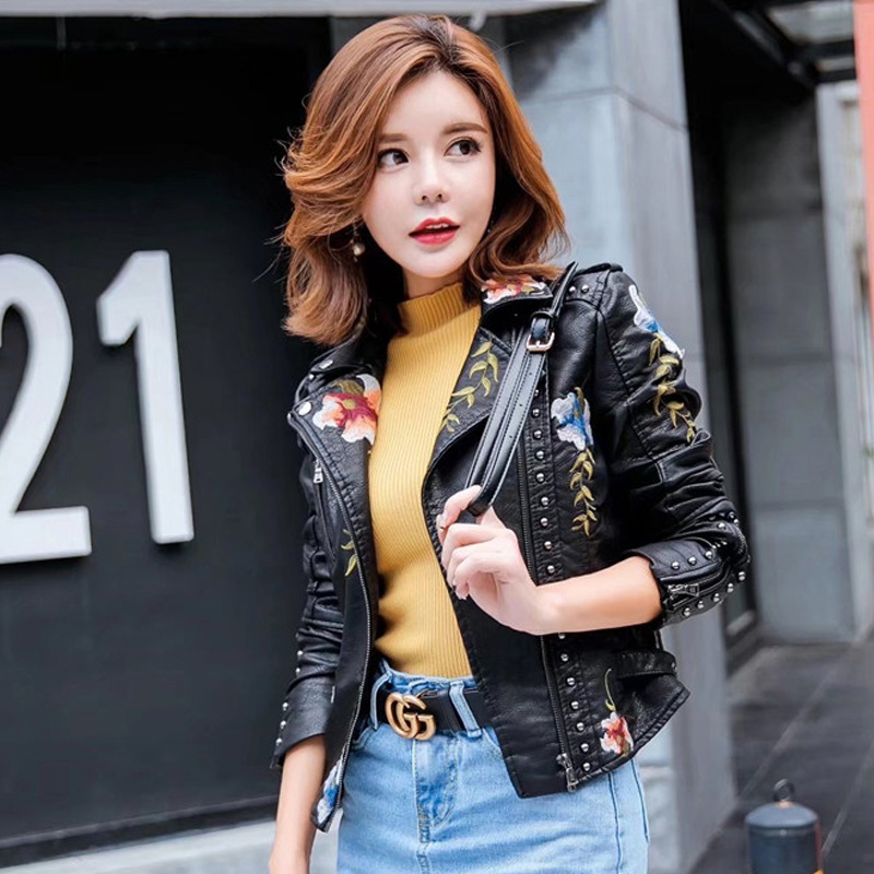 Women's Jackets Punk Style Faux Soft Leather Jacket Women Embroidery Floral Faux Leather Jacket Pu Motorcycle Epaulet Zipper Outerwear 230505