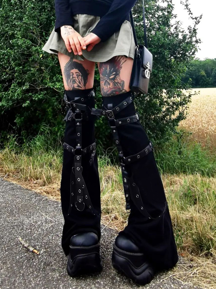 Women s Pants s SUCHCUTE Gothic Eyelet Strap Women Trouser Legs Vintage Dark Academic Slim Bandage Socks Black Knitted Boot Cuffs Punk 230504