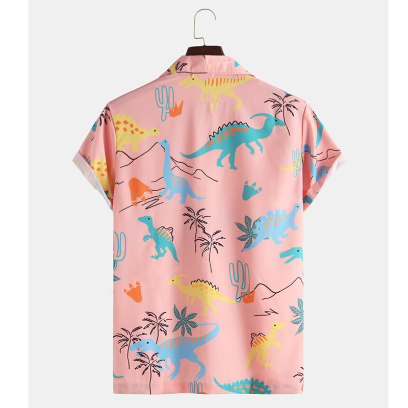 Men's Casual Shirts Short Sleeve Hawaiian Shirt Men's Hanbok Harajuku Funny Wind Dinosaur Print Pink Shirt Men's Clothing Top 230505