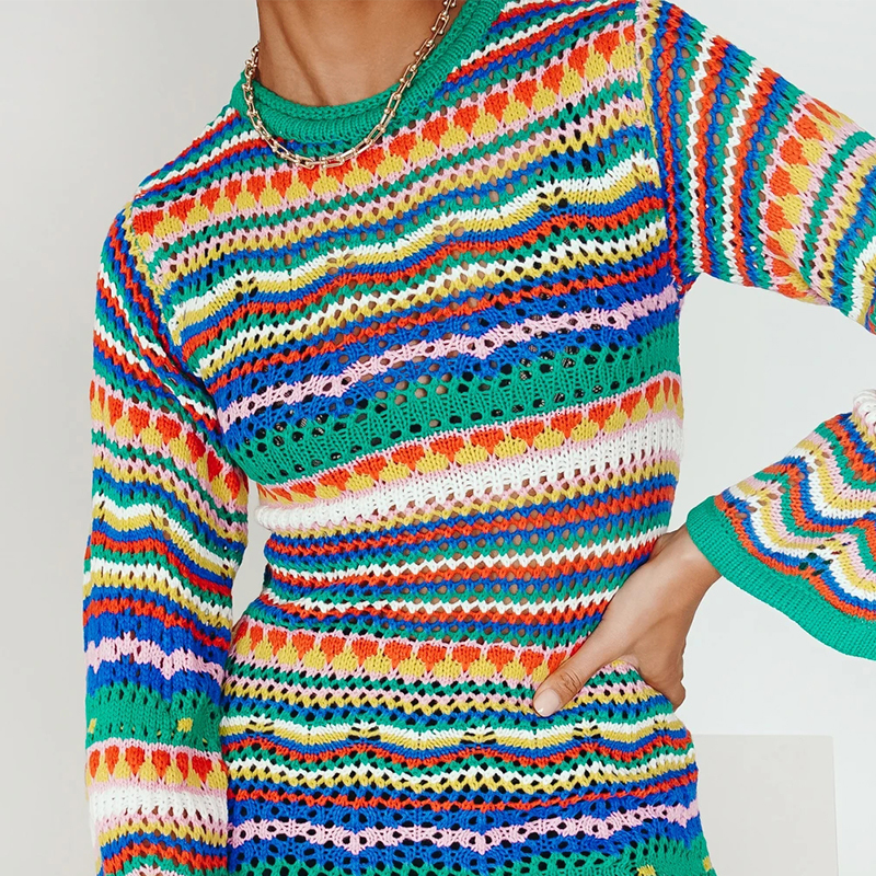 Casual Dresses wsevypo Bohemian Color Block Striped Knit Crochet Sweaters Dress Autumn Women's Long Sleeve Crew Neck Mini Bodycon Dress