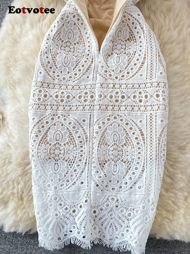 Casual Dresses Eotvotee White Lace Dresses for Women Summer New Puff Sleeve Square Collar Back Zipper Hollow Out A Line Evening Midi Dress 230505