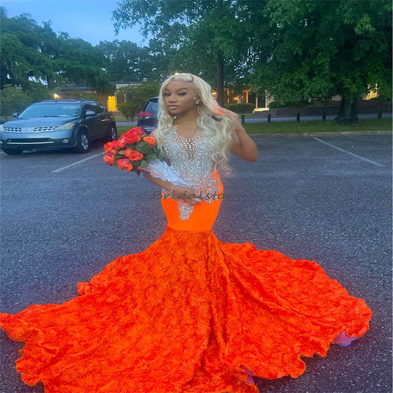 Luxury Orange Mermaid Prom Dress Black Girls With Crystal Embellishment Florals Evening Gowns Extra Rhinestone Tight Formal Birthday Party Vestidos De