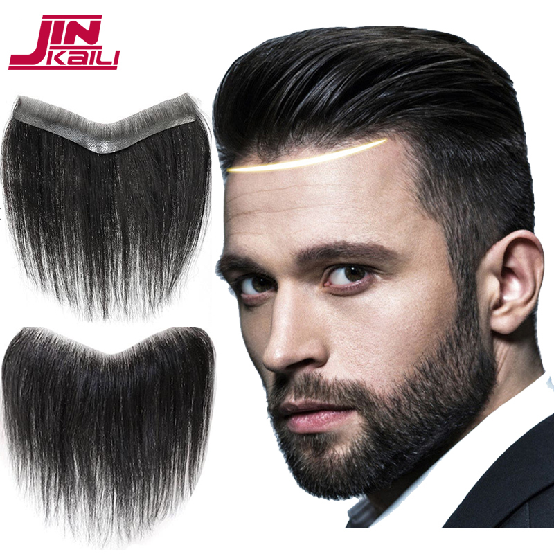 Bangs JINKAILI Synthetic Forehead Hairline Toupees Men's Straight V Style Hair Piece Hair Extension Natural Black Hair Bangs Hairpiece 230504