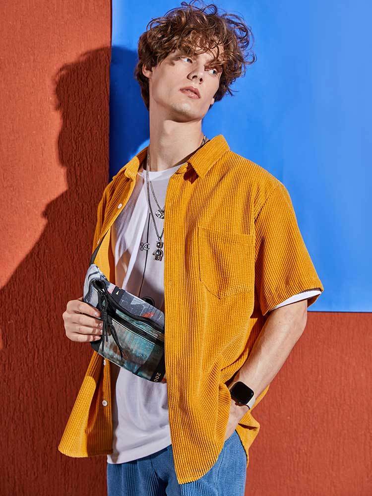 Men's Casual Shirts Men's Shirt Corduroy Short Sleeve Blouses Casual Solid Streetwear Shirts Summer Ribbed Plain Button Y2K Tops Z4982896 23