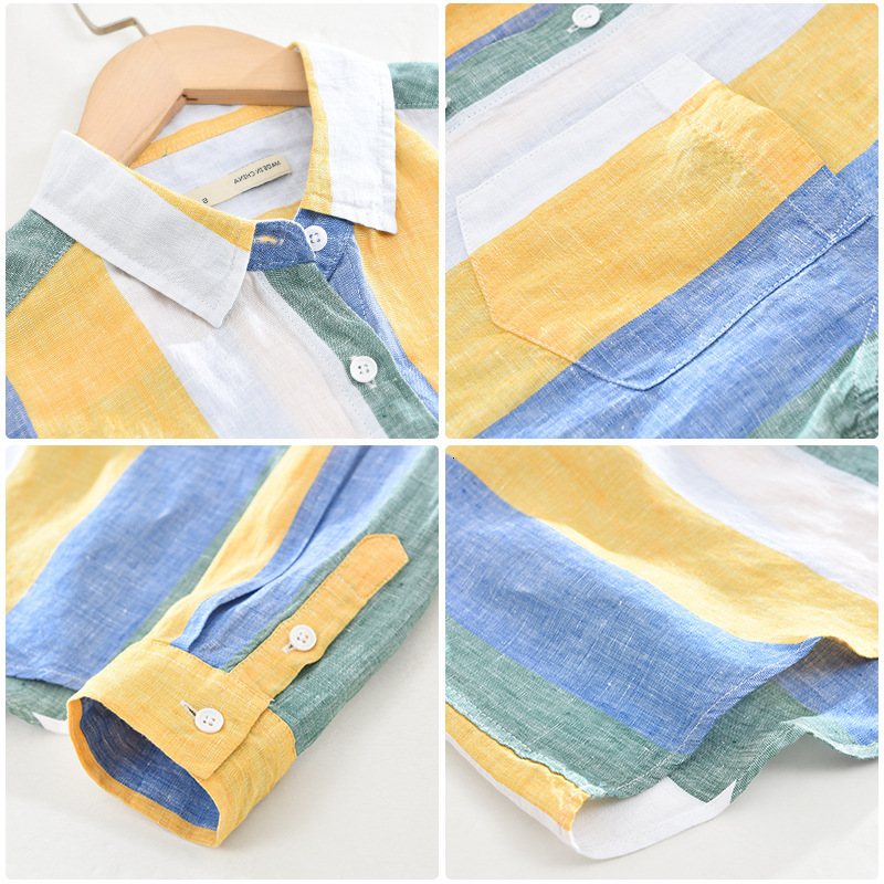 Men's Casual Shirts Men Clothing Men's Linen Long-sleeved Shirt Youth Art Fresh Loose Striped Lapel Shirt Camisas Para Hombre 230505