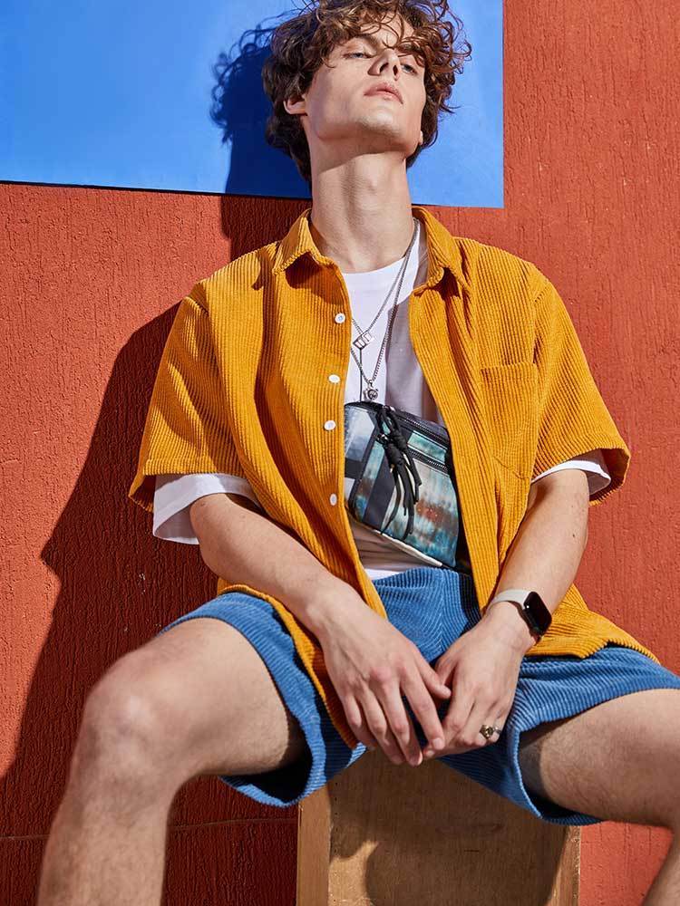 Men's Casual Shirts Men's Shirt Corduroy Short Sleeve Blouses Casual Solid Streetwear Shirts Summer Ribbed Plain Button Y2K Tops Z4982896 23