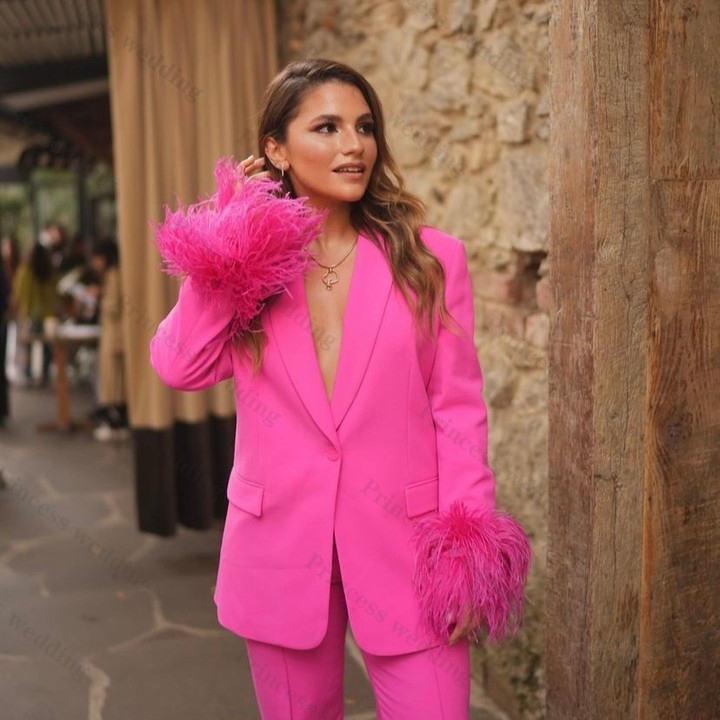 Hot Pink Women Pants Suits Set Feather Long Sleeve Girl Blazer Wide Leg Plus Size Office Lady Party Prom Dress
