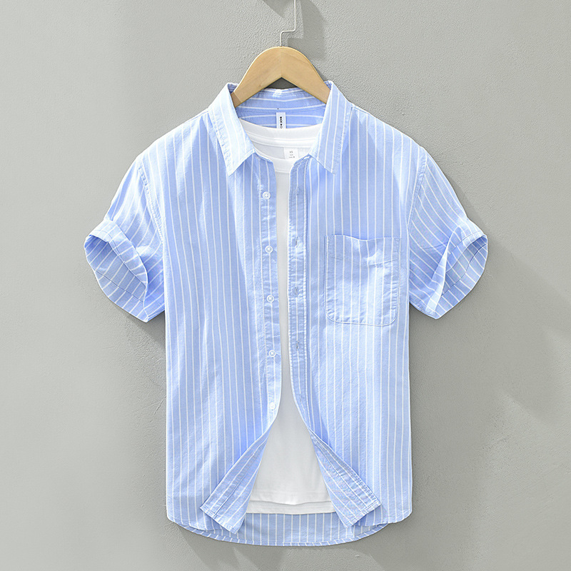 Men's Casual Shirts Gray Striped Short Sleeve Shirts for Men Casual Turn-down Collar Tops Man Summer New Fashion Button Up Shirt Clothing 230505