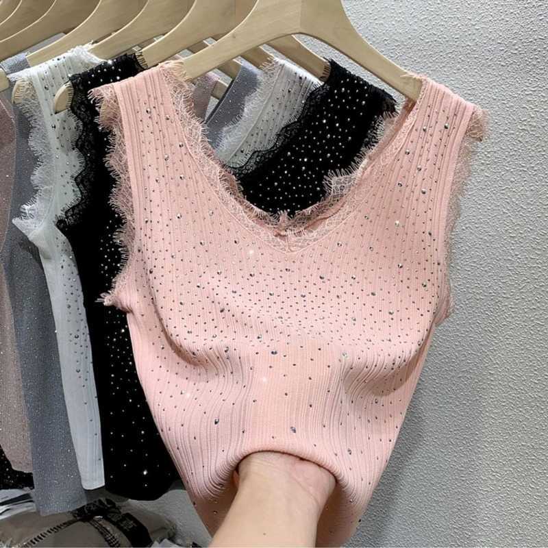 Women's Tanks Camis Hot Drill Ice Silk Lady Vest Women's Summer Thin Knit Sleeveless Vest Top Lace Top Y2k Tops Women Clothing P230505