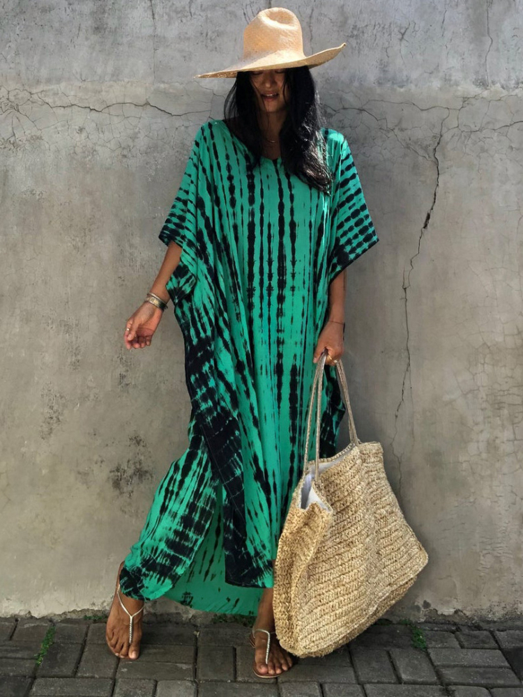 Casual Dresses Beach Dresses Kaftans for Women Tie Dye Striped Bikini Cover Ups Side Split Summer Beachwear Swimsuits Drop 230505