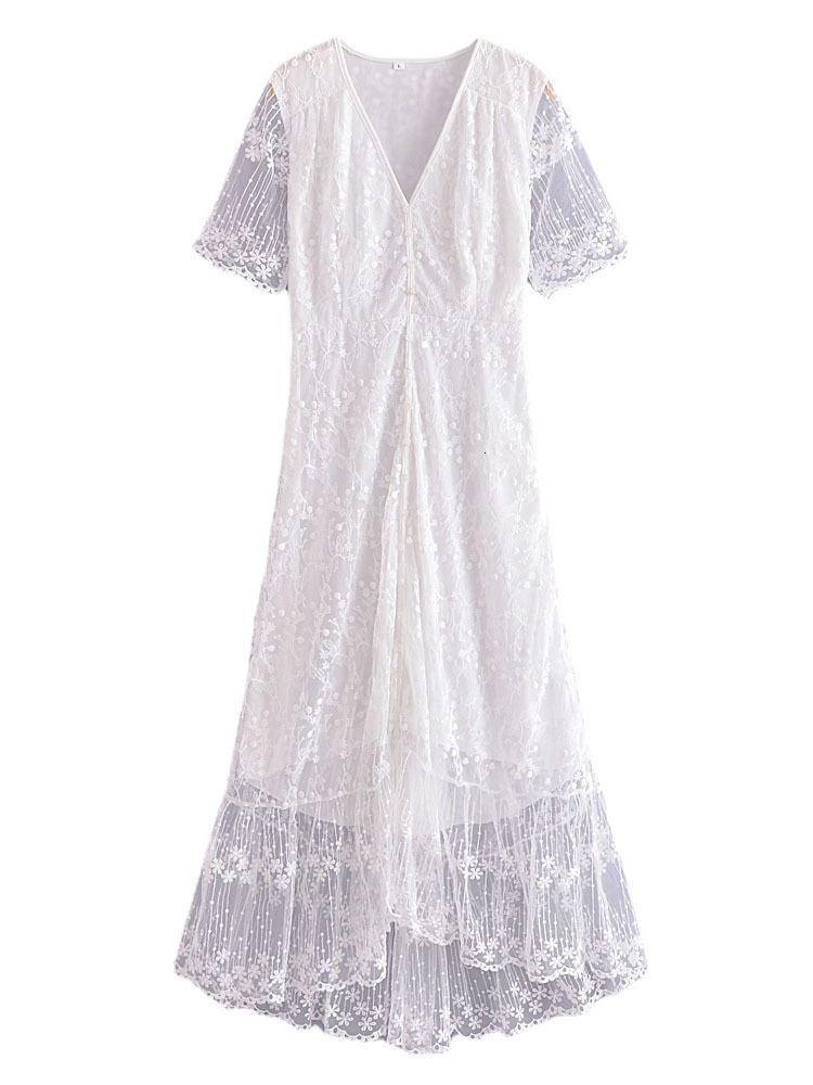 Casual Dresses White Maxi Dress Women Summer Bohemian Long Beach Sundress Ladies Hollow out Short Sleeve V-neck Holiday Dress Robe Longue 230505