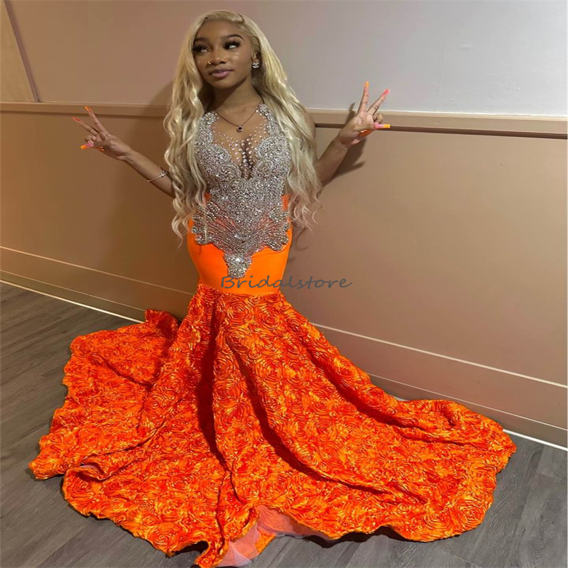 Luxury Orange Mermaid Prom Dress Black Girls With Crystal Embellishment Florals Evening Gowns Extra Rhinestone Tight Formal Birthday Party Vestidos De