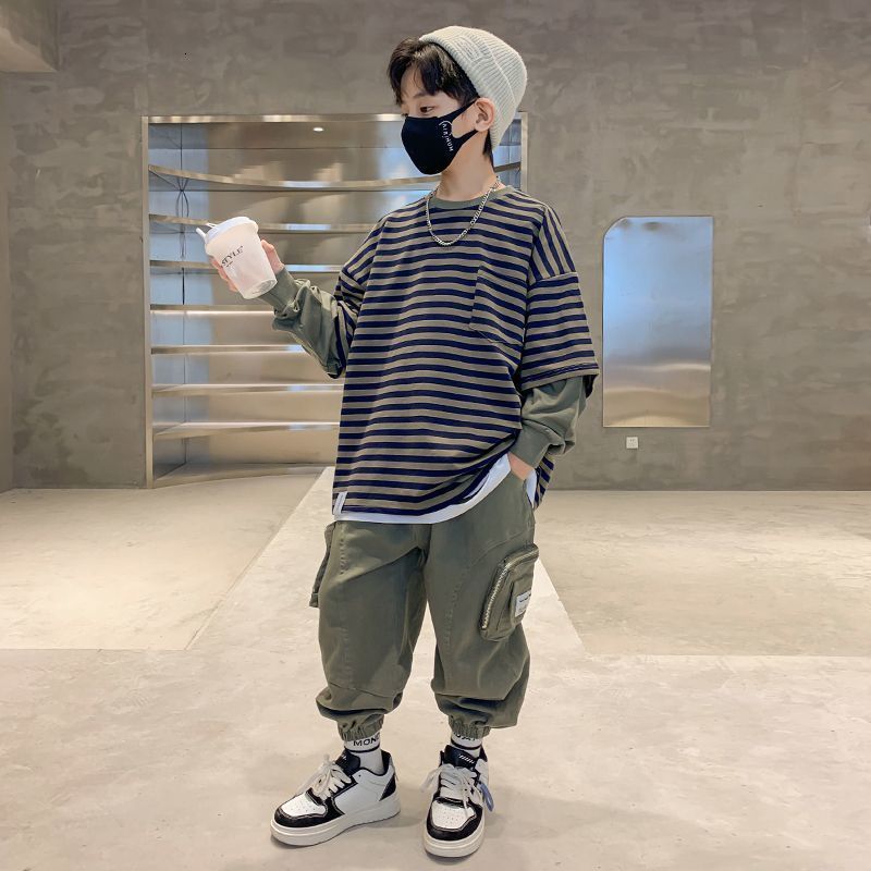 Clothing Sets Fashion Big Girls Sports Suits O Collar Stripe Top Clothing Set Teenage Spring Autumn Tracksuit Kids Sportswear 4-14 Years 230505