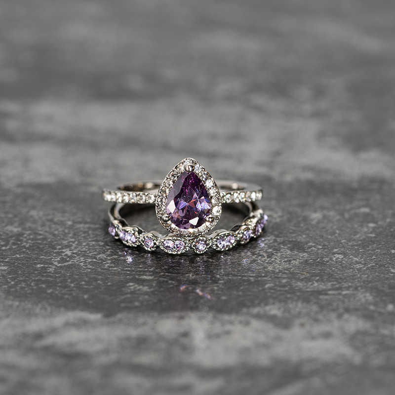 Band Rings New purple Stone Crystal Engagement rings for Women Drop Shape Zircon Vintage Bridal Wedding ring High Quality Jewelry