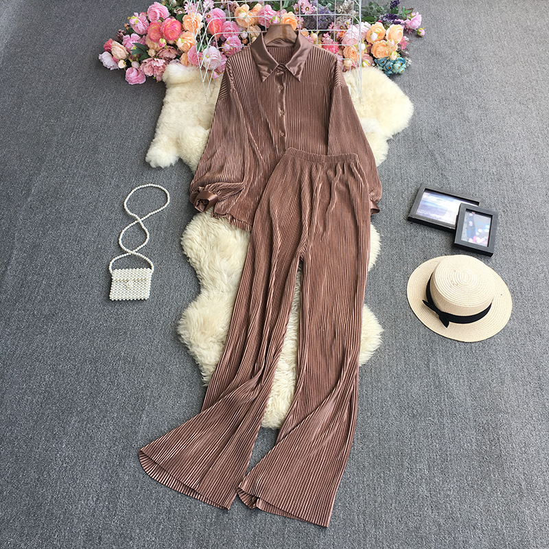 Women's Two Piece Pants Womens Elegant pleated shirt and pants set 2 piece sets women outfit Casual Tracksuit Sets fashion plus size 230504