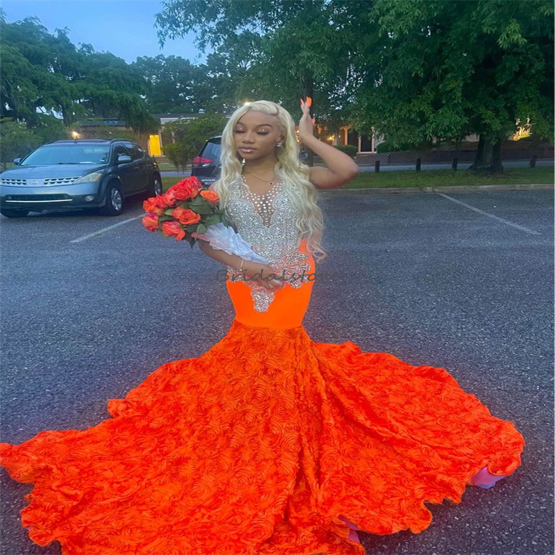 Luxury Orange Mermaid Prom Dress Black Girls With Crystal Embellishment Florals Evening Gowns Extra Rhinestone Tight Formal Birthday Party Vestidos De