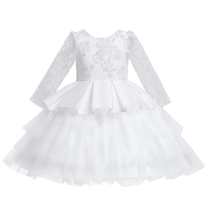 Girl's Dresses Baby Girls White Baptism Birthday Princess Dress Toddler Girl Year Embroidery Floral Long Sleeve Flower Kid Wedding Costume 230504