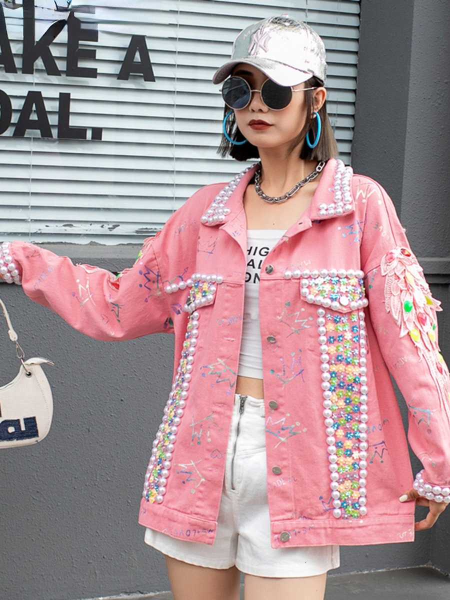 Women's Jackets Exquisite Long-Sleeved Denim Jacket Spring New Loose Mid-Length Pink Single-Breasted Jacket Jeans Jacket Women 230505