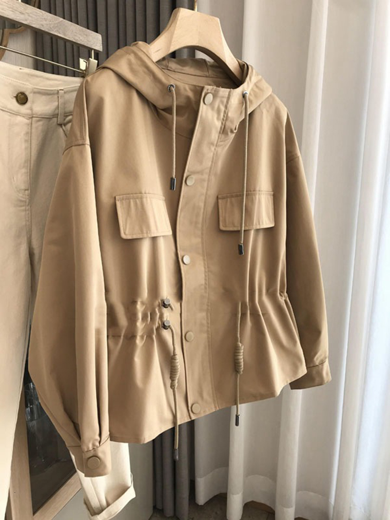 Women's Jackets Women Hooded Trench Coat Autumn Casual Loose Zipper Drawstring Waterproof Jacket Stand-Up Collar Solid Short Windbreaker 230505