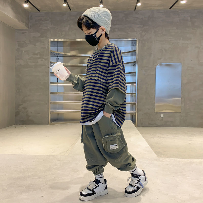 Clothing Sets Fashion Big Girls Sports Suits O Collar Stripe Top Clothing Set Teenage Spring Autumn Tracksuit Kids Sportswear 4-14 Years 230505