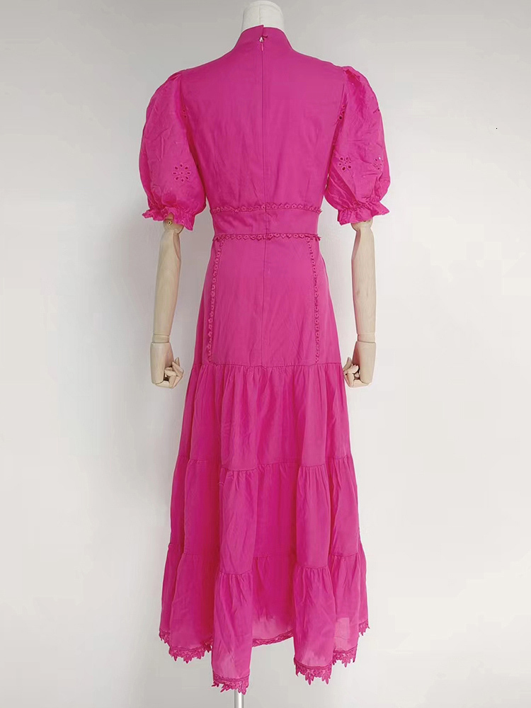 Casual Dresses VGH Casual Solid Dress For Women Stand Collar Short Puff Sleeve High Waist Patchwork Lace Long Dresses Female Fashion Clothing 230505