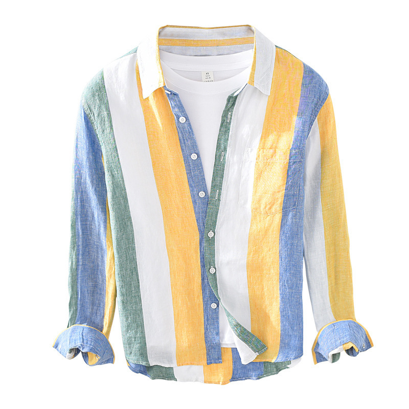 Men's Casual Shirts Men Clothing Men's Linen Long-sleeved Shirt Youth Art Fresh Loose Striped Lapel Shirt Camisas Para Hombre 230505