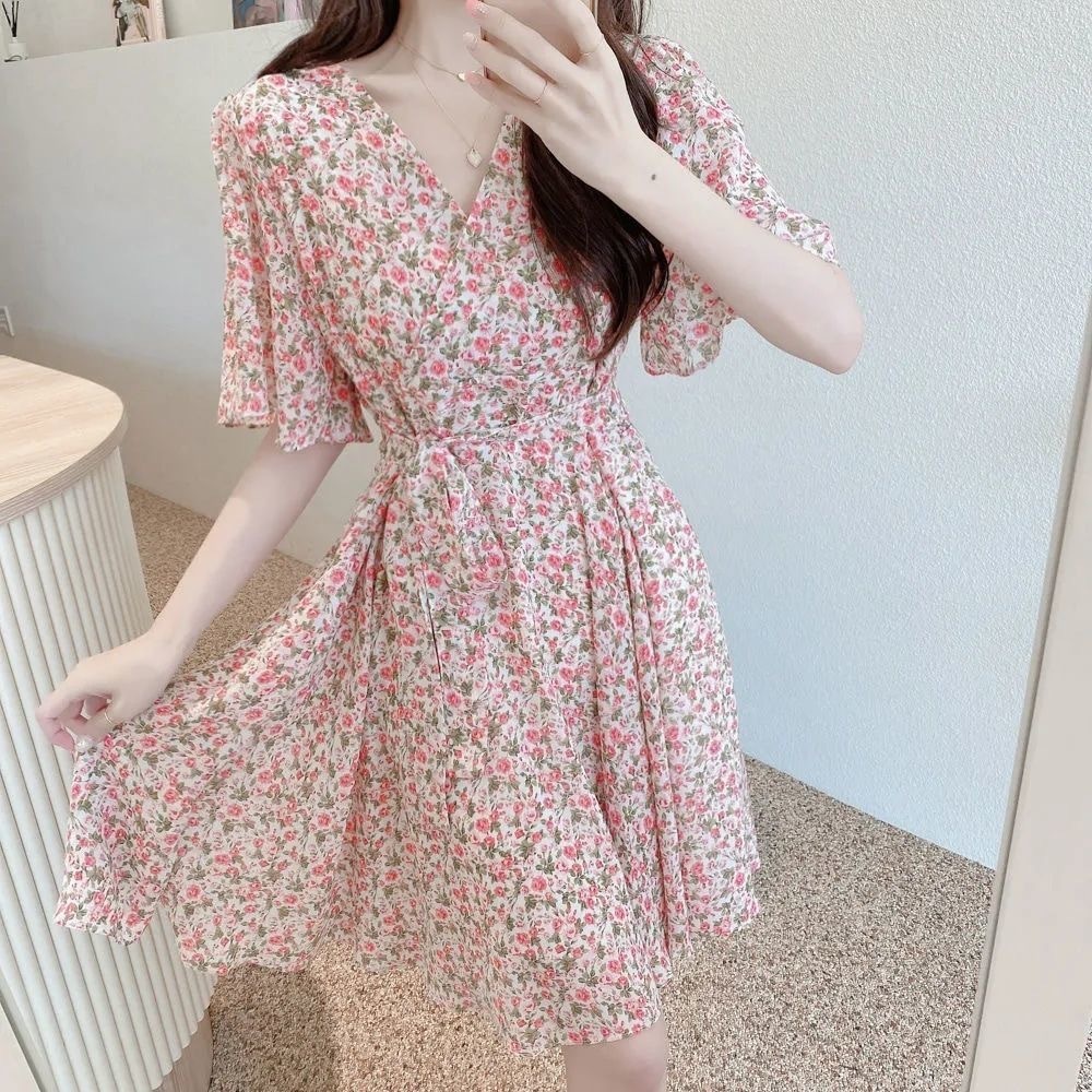 Casual Dresses M-3XL Dresses Women Summer Chic Hot Sale Soft Lady V-neck Stylish Tunic Slim Beach Simple Print Tender Sweet Holiday Vestidos 230505