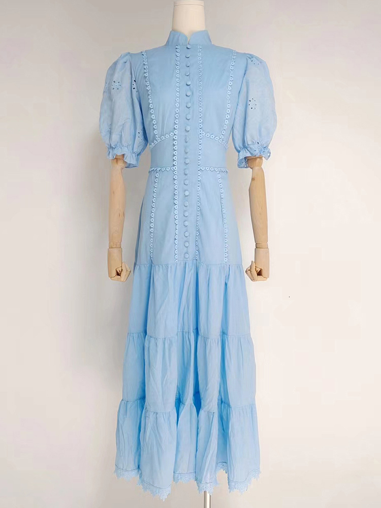 Casual Dresses VGH Casual Solid Dress For Women Stand Collar Short Puff Sleeve High Waist Patchwork Lace Long Dresses Female Fashion Clothing 230505