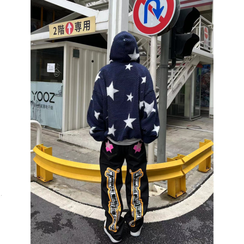 Men's Jeans letter star print y2k jeans American style hip hop high waist loose layered straight zipper fashion pants trend 230504