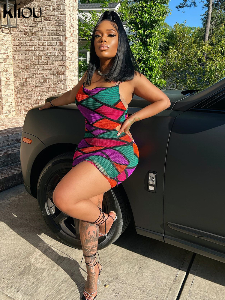 Party Dresses Kliou Mesh Multi-Color Patchwork Mini Dress Women Sexy Spaghetti Strap Cut Out See Through Skinny Skirt Attirewear Female mujer 230505