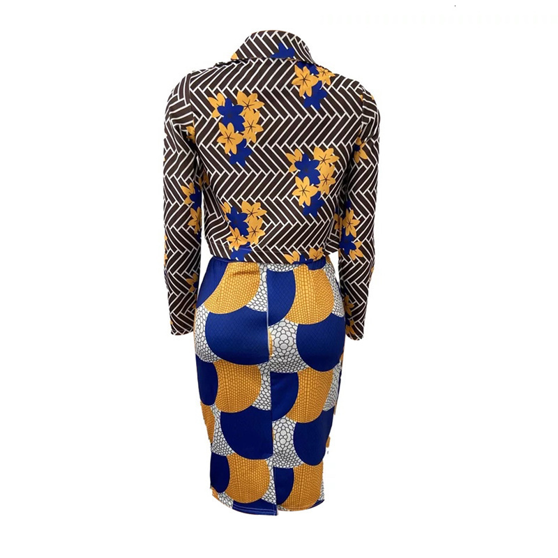 Two Piece Dress 2Pc Fashion and Elegance Outfits Multicolor Print Lapel Long Sleeves Suit Jacket High Waist Knee Dress for Ladies 230504