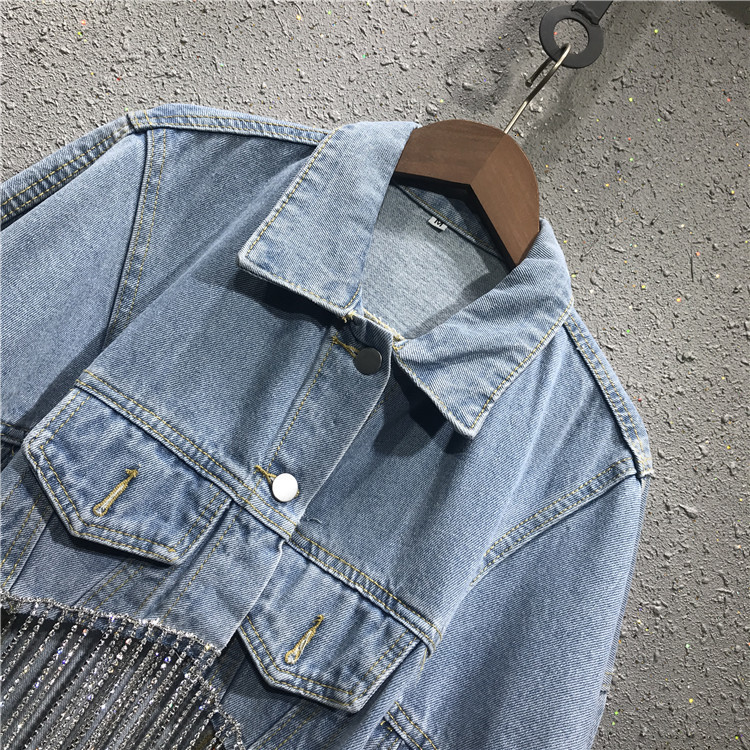Women's Jackets Spring Summer New Denim Outerwear Loose Diamond Chain Tassel Streetwear Turn-Down Collar Jacket Women 230505