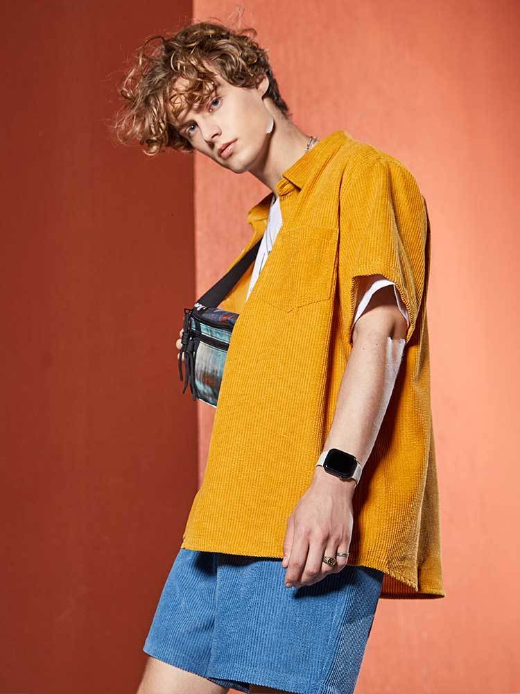 Men's Casual Shirts Men's Shirt Corduroy Short Sleeve Blouses Casual Solid Streetwear Shirts Summer Ribbed Plain Button Y2K Tops Z4982896 23