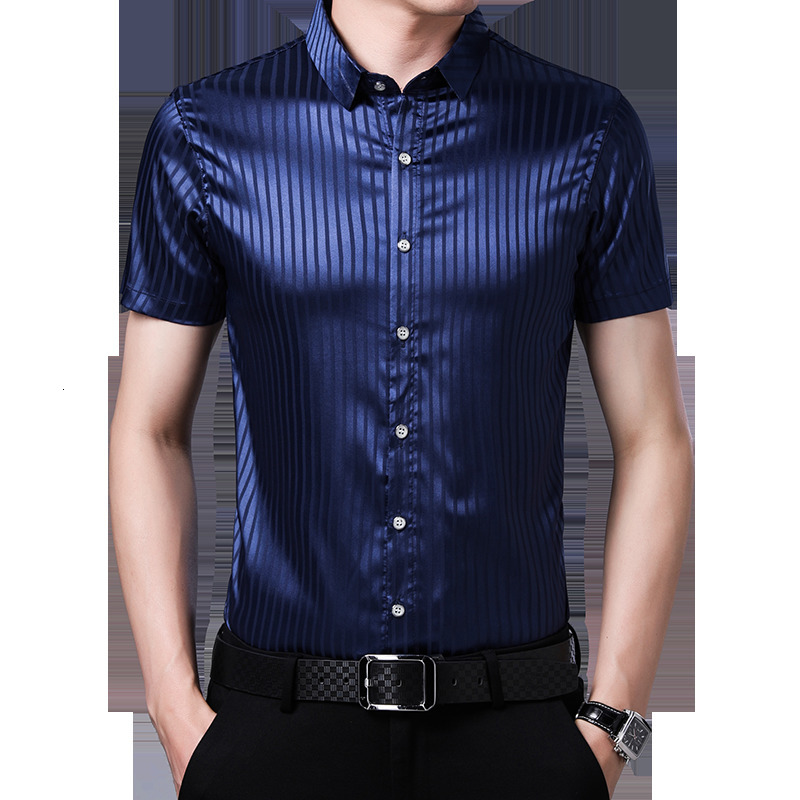 Men's Casual Shirts Male Silk Shirt Summer Fashion Striped Silk Clothes Short Sleeve Men Casual Office Satin Silk Dress Shirts 230505