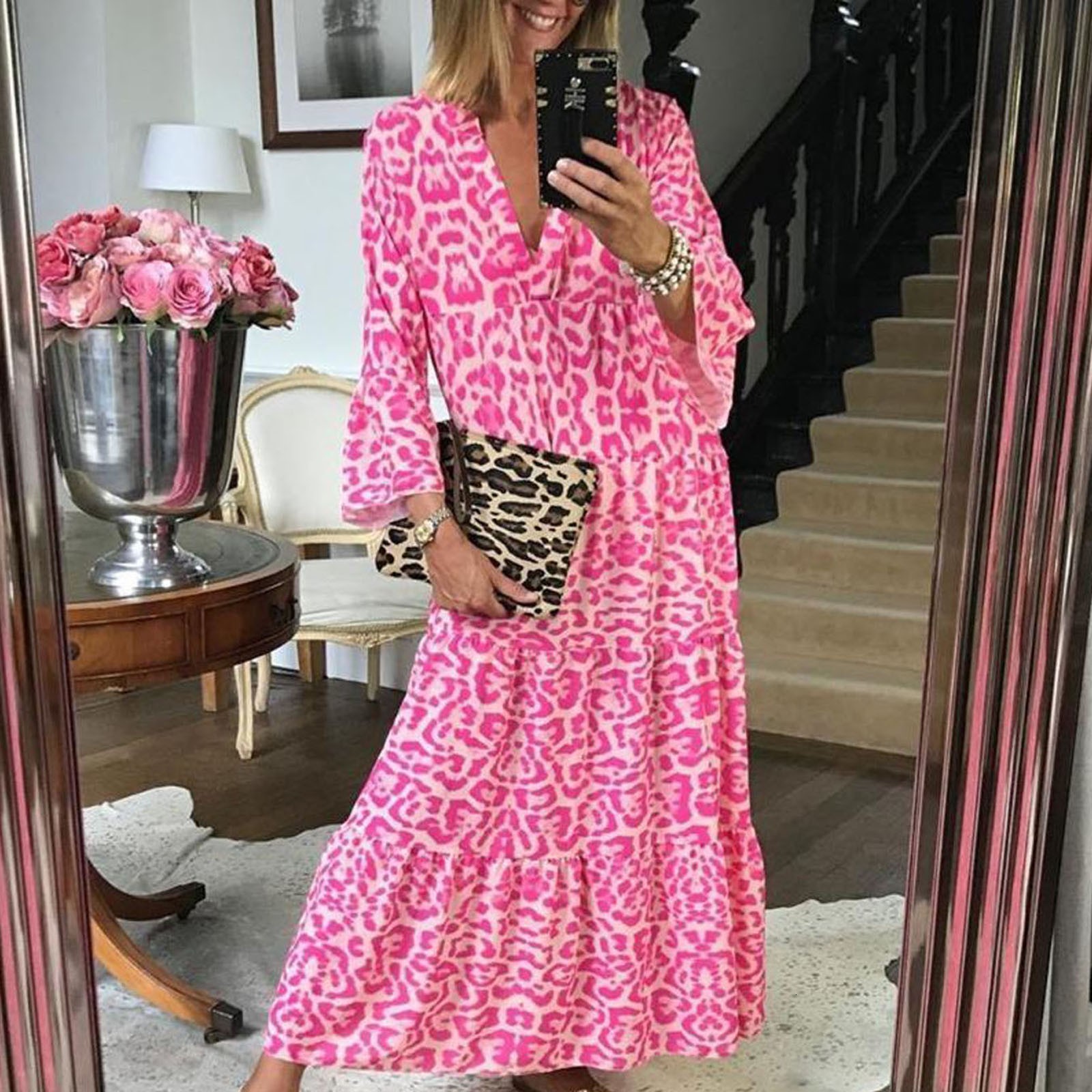 Casual Dresses Pink Leopard Long Dress Autumn European American Fashion ins Vacation Dress for Women Elegant Ruffles Beach Dresses Robe 230505