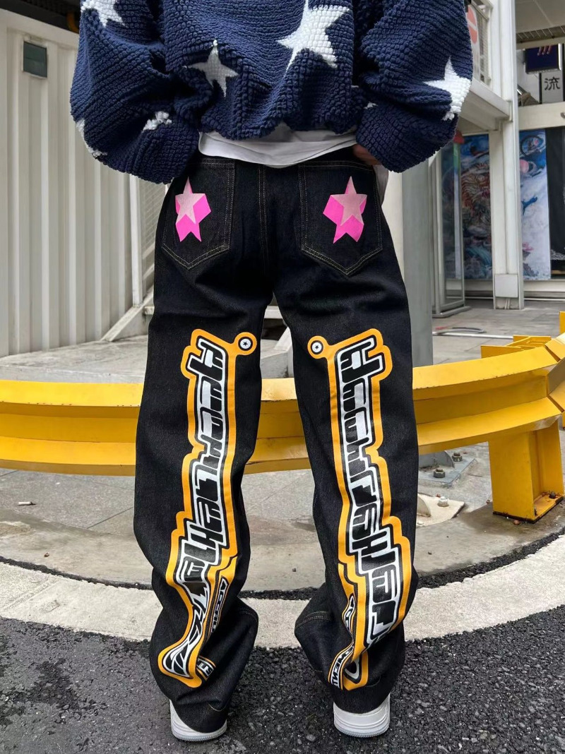 Men's Jeans letter star print y2k jeans American style hip hop high waist loose layered straight zipper fashion pants trend 230504