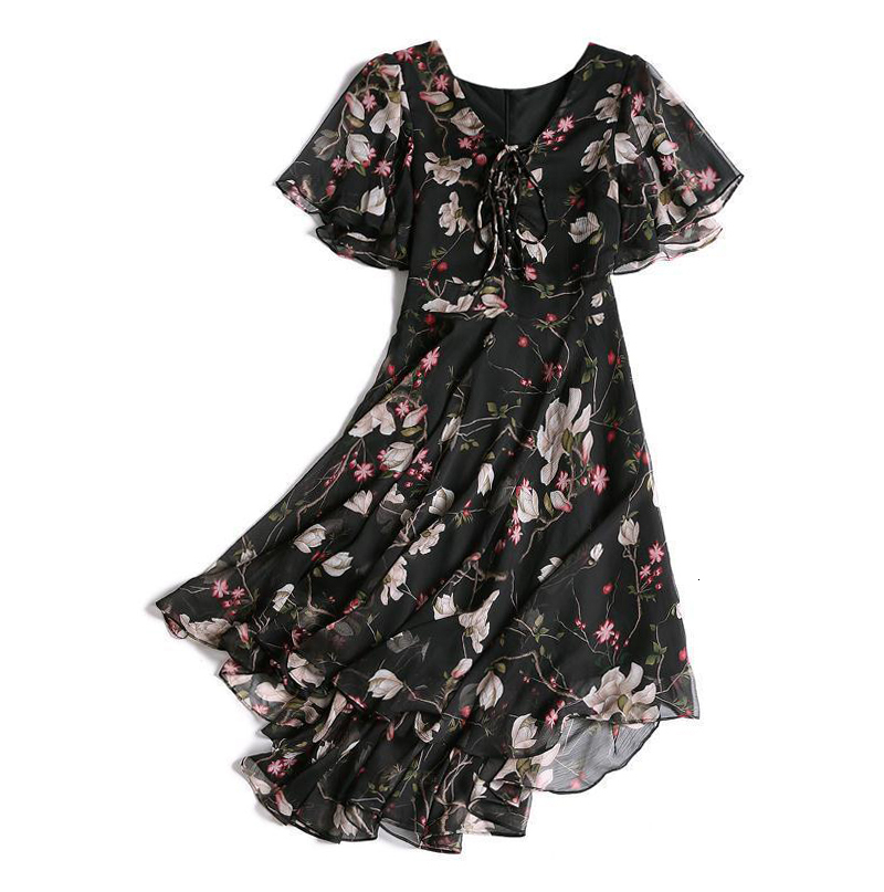 Casual Dresses Women Chiffon Print Dress New Ladies Elegant V-Neck Flare Sleeve Irregular Knee-Length Dress Vestidos Female Summer Clothes 230505