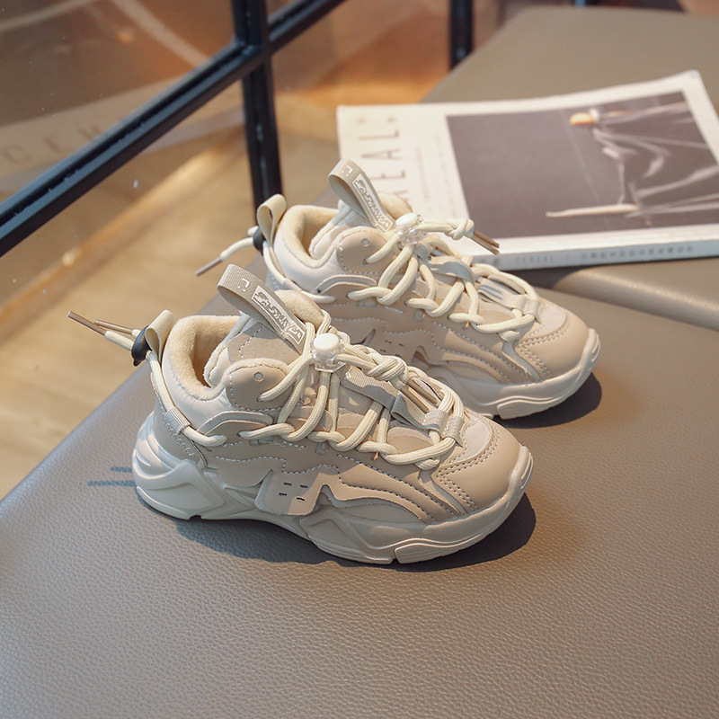 First Walkers Children's Fashion Solid Black Autumn and Winter Boys' Sports Shoes Waterproof PU Girls' Tight Fit Cotton Lace School Spo