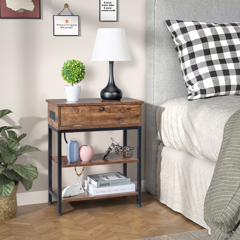 Nightstand with Charging Station and USB Ports, Side Table End Table