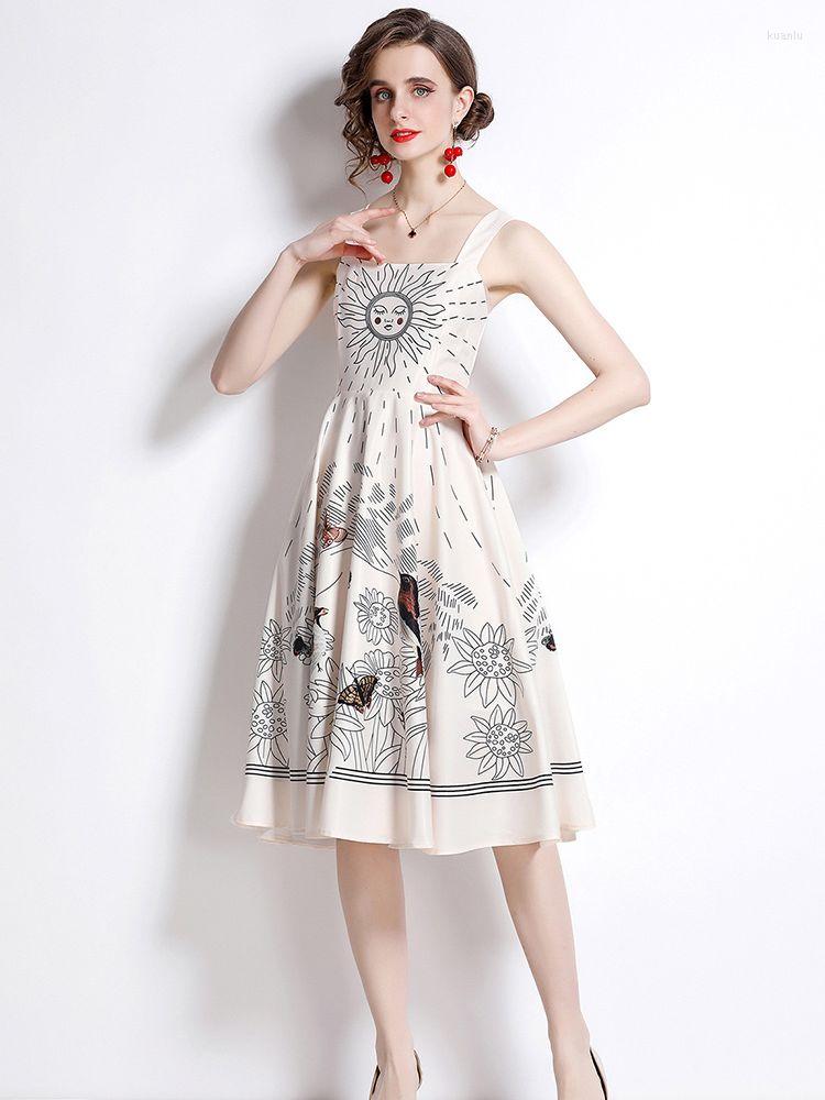 Casual Dresses Runway Midi Dress Summer Cute Women Vintage Print Spaghetti Strap Blue Party Pleated Vestidos Robe Femme N6539
