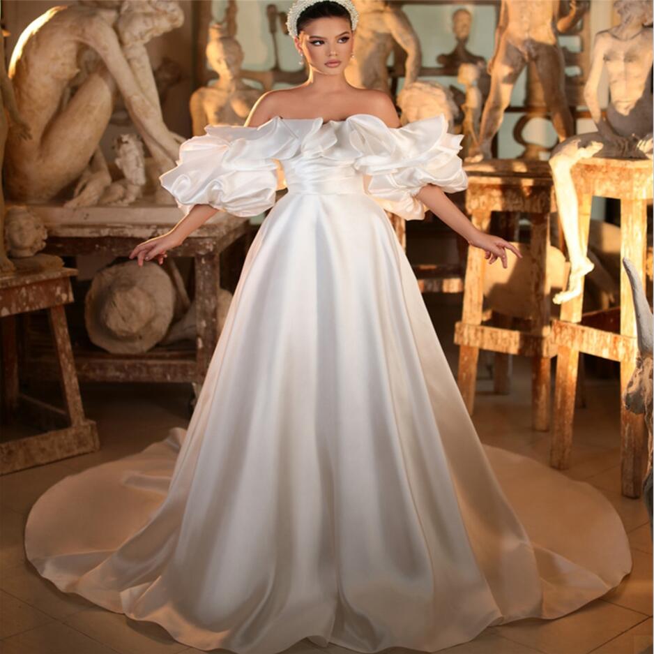 Princess Soft Satin A Line Wedding Dresses Flowers Ruffles Off Shoulder Mariage Bridal Gowns Vestido de noiva
