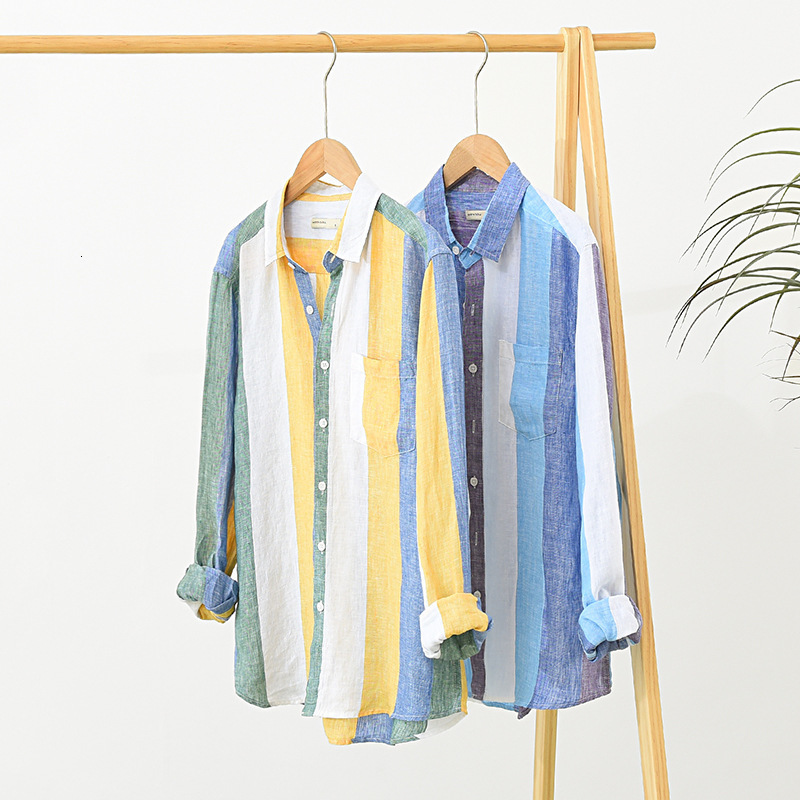 Men's Casual Shirts Men Clothing Men's Linen Long-sleeved Shirt Youth Art Fresh Loose Striped Lapel Shirt Camisas Para Hombre 230505