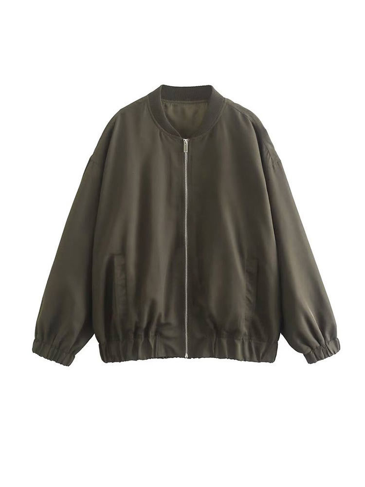 Women's Jackets Fashion Solid Bomber Jacket Women Loose O Neck Long Sleeve Zipper Coat Outwear Ladies New Spring Chic Female Streetwear 230505