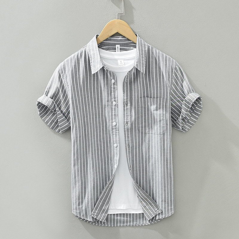 Men's Casual Shirts Gray Striped Short Sleeve Shirts for Men Casual Turn-down Collar Tops Man Summer New Fashion Button Up Shirt Clothing 230505