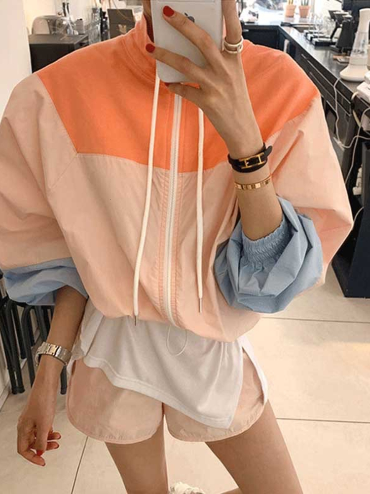 Women's Jackets EWQ Women Drawstring Contrast Long Sleeve Jacket Spring Summer New Patchwork Zipper Jackets Coat Female Loose Top 16Y7325 230505